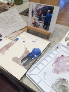 Marian's series of markets from around the world begins with a watercolor of a market in China.