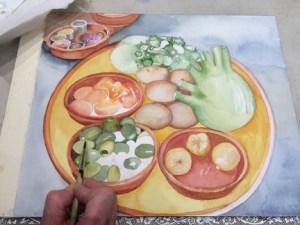 Lynne's thoughtful watercolor rendering of small plates of food from a cooking class.