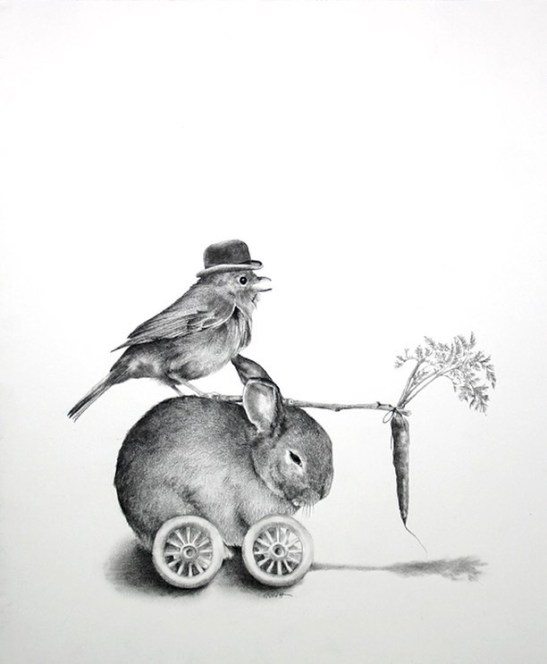 Ellen Cornett: "Bunny Mobile," charcoal pencil