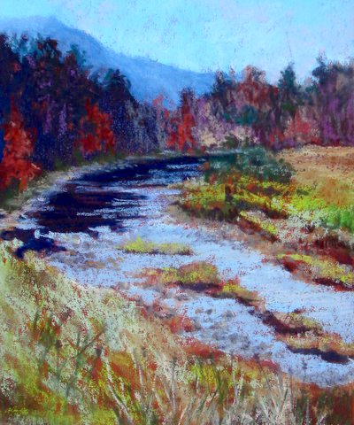 Runion's Creek, watercolor by Linda Norton, who says, "This creek runs below our mailbox in Broadway, Virginia. It can be practically dry, or a raging torrent, depending on the rainfall.