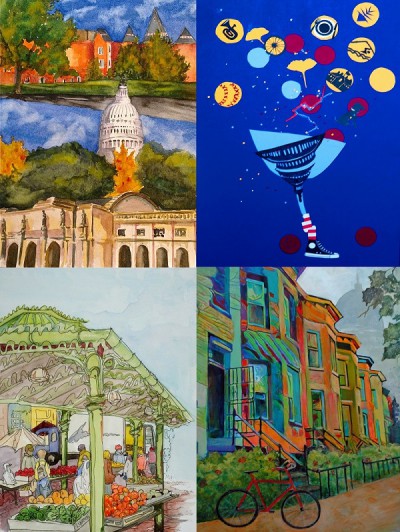 Hill Icons by Tara Hamilton (top left), Effervescence Hill by Rindy O’Brien and Elizabeth Eby (top right), Chilly Day at Eastern Market by Linda Norton (bottom left), and Capitol Hill in Living Color by Kay Fuller (bottom right).