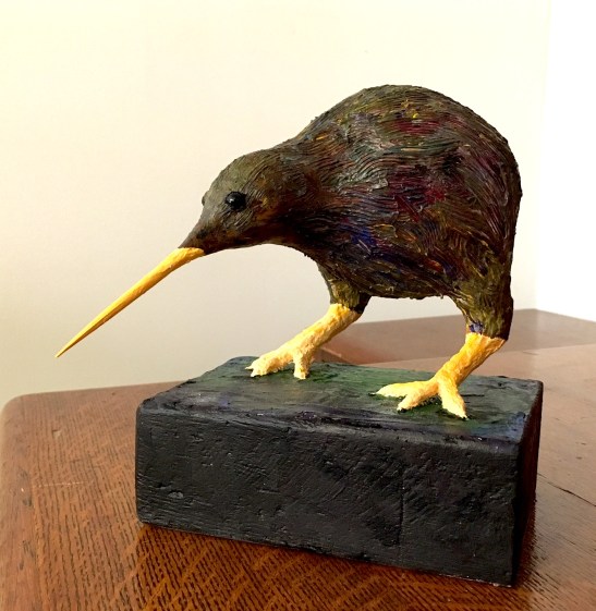 Tom Eichenberger Young Kiwi wood plaster wire acrylic paing porcupine qulll glass beads