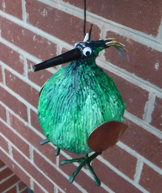 Tom Eichenberger Green Bird Ornament copper plastic wire plaster paint